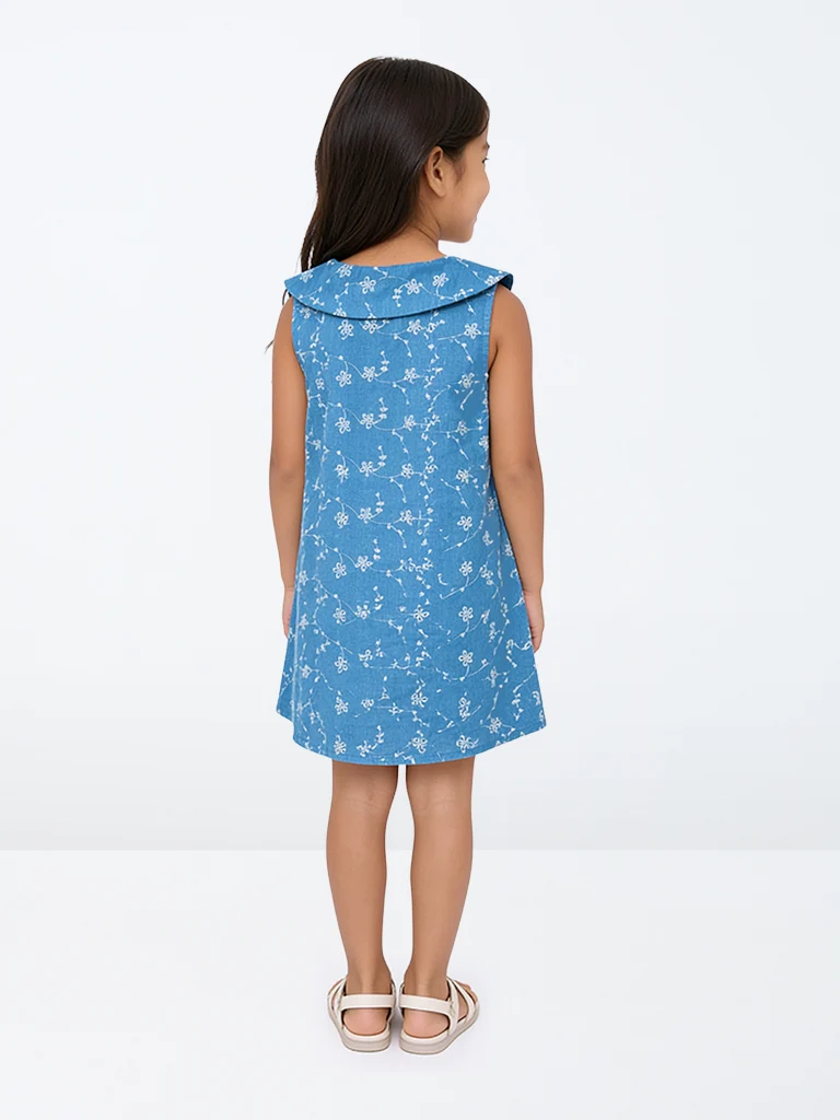 Kids Girls Blue Floral Embroidered A-Line Cotton Dress